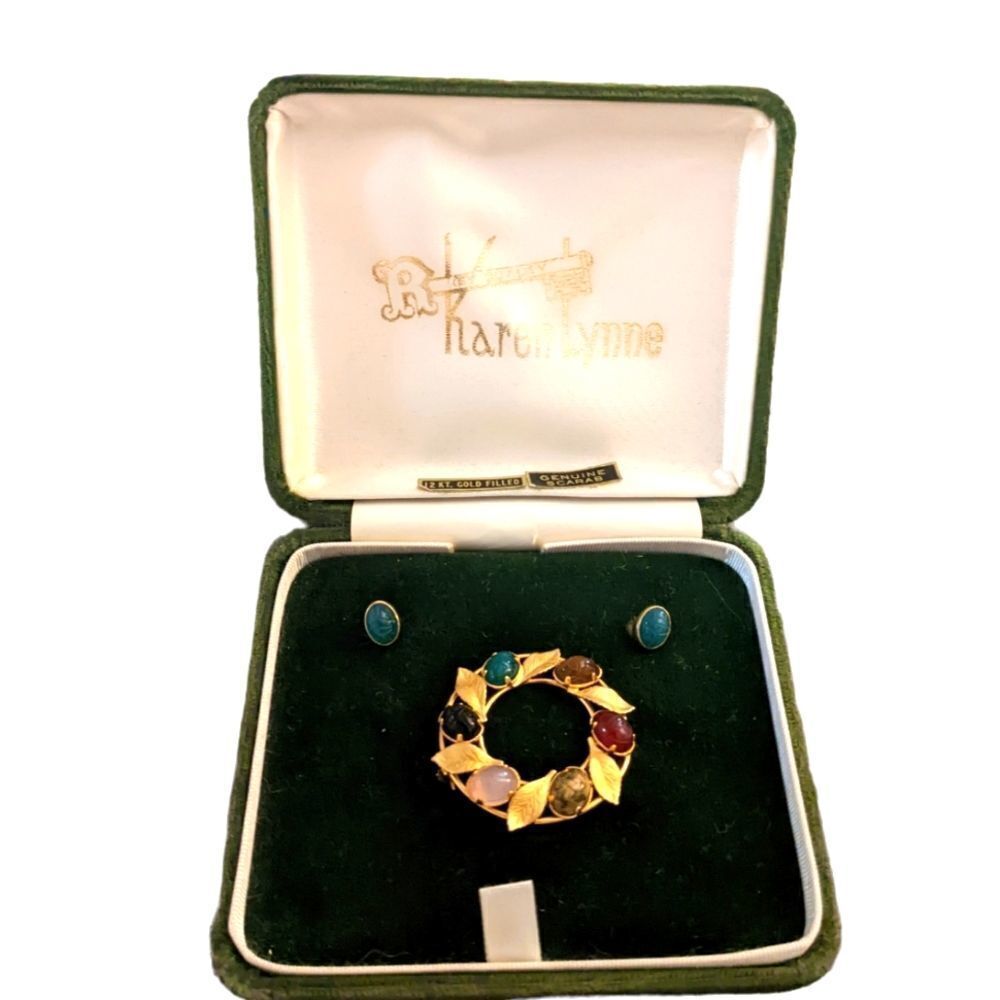 Karen Lynn Vintage Genuine Scarab and matching earrings 12 kt. Gold filled